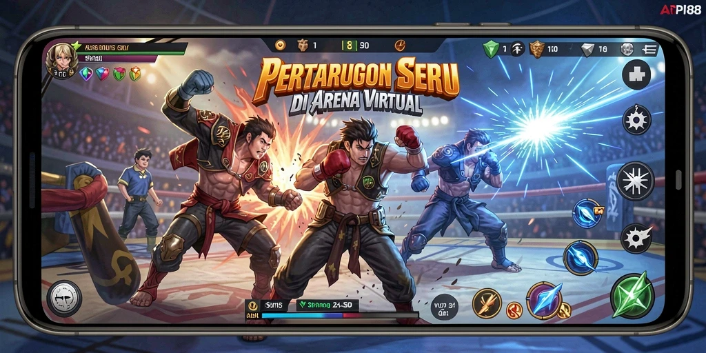 Tampilan gameplay seru dengan karakter bertarung di arena.