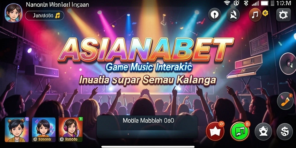 Screenshot utama ASIANABET menunjukkan karakter yang berinteraksi dengan musik.