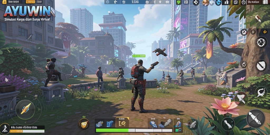 Screenshot gameplay AYUWIN menunjukkan dunia simulasi yang sangat detail.