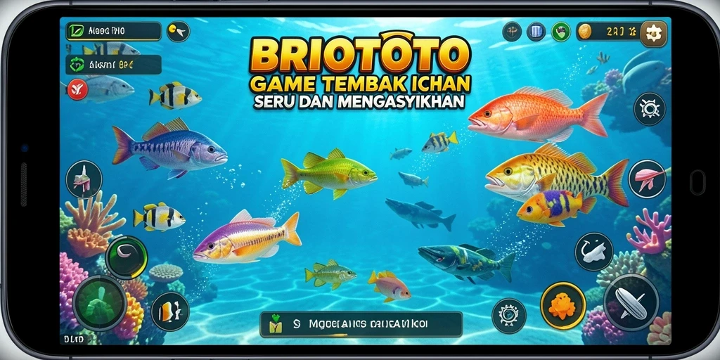 Tampilan gameplay seru BRIOTOTO saat menembak ikan berwarna-warni.