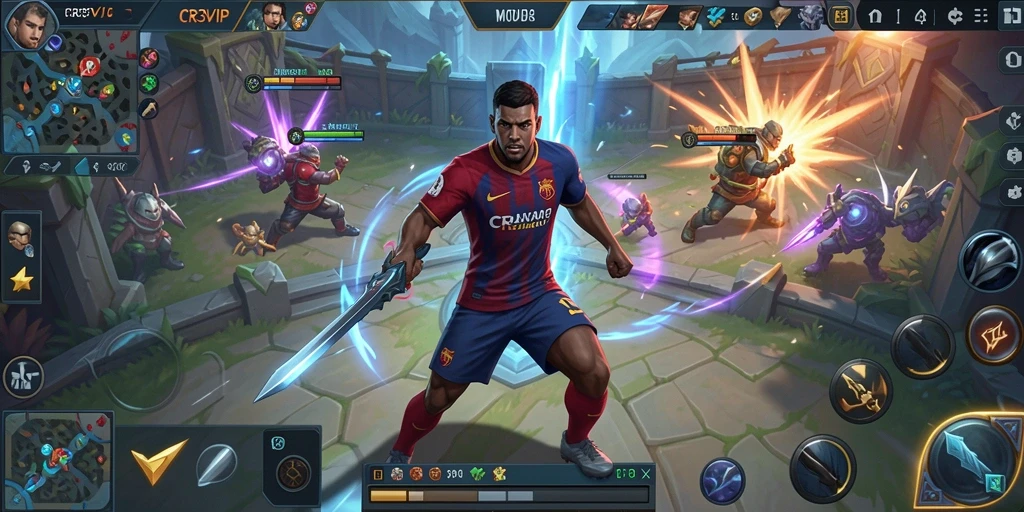 Menampilkan aksi seru dalam game MOBA CR7VIP.