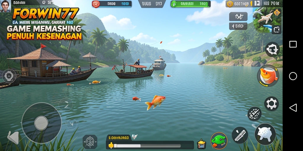 Screenshot gameplay menunjukkan keseruan memancing di underwater scenery.