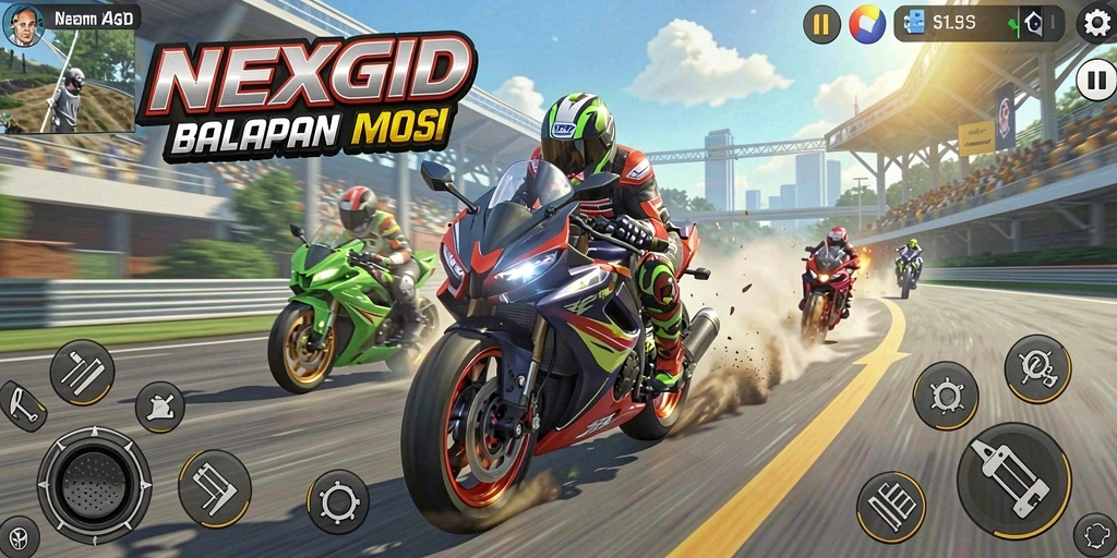 Screenshot NEXGID menampilkan aksi balapan motor yang cepat dan mendebarkan.