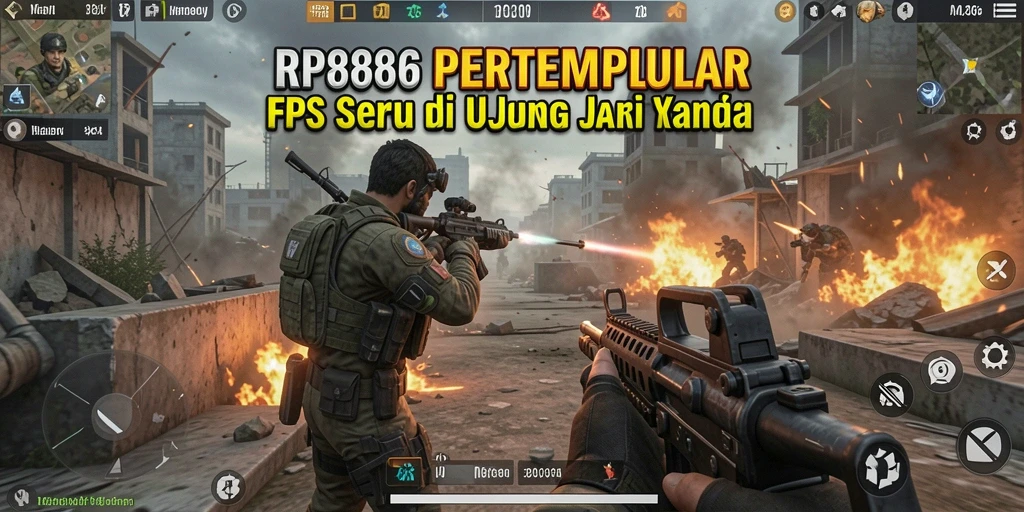 Screenshot gameplay RP886 menampilkan aksi pertempuran FPS yang mendebarkan.