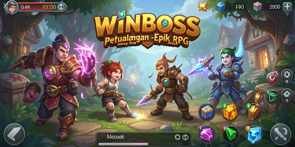 Tangkapan layar utama WINBOSS menampilkan pertempuran seru di dunia RPG.